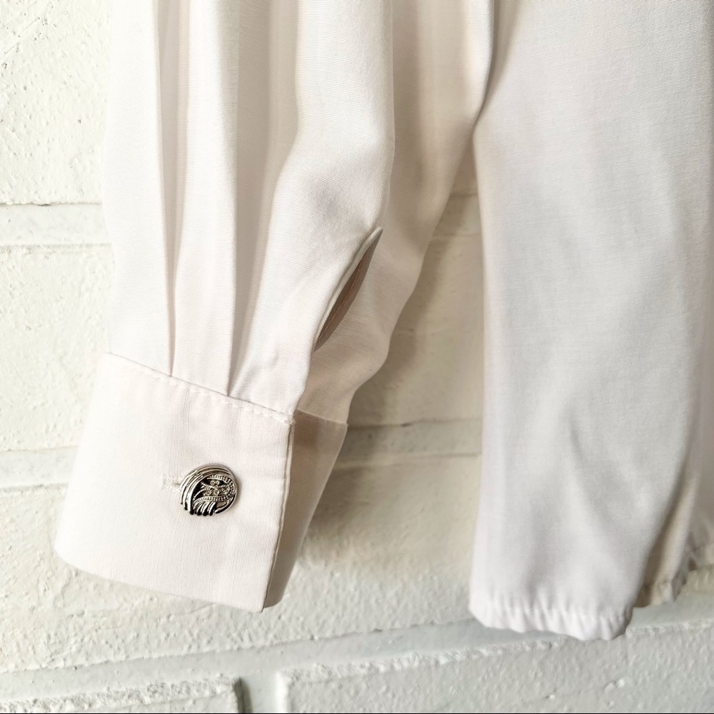 Vintage white button up embroidered long sleeve blouse shoulder pads S - Picture 10 of 16